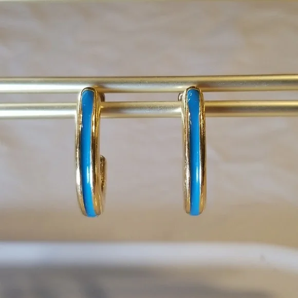 Vintage Teal & Gold Half Hoop Earrings - Picture 2 of 9